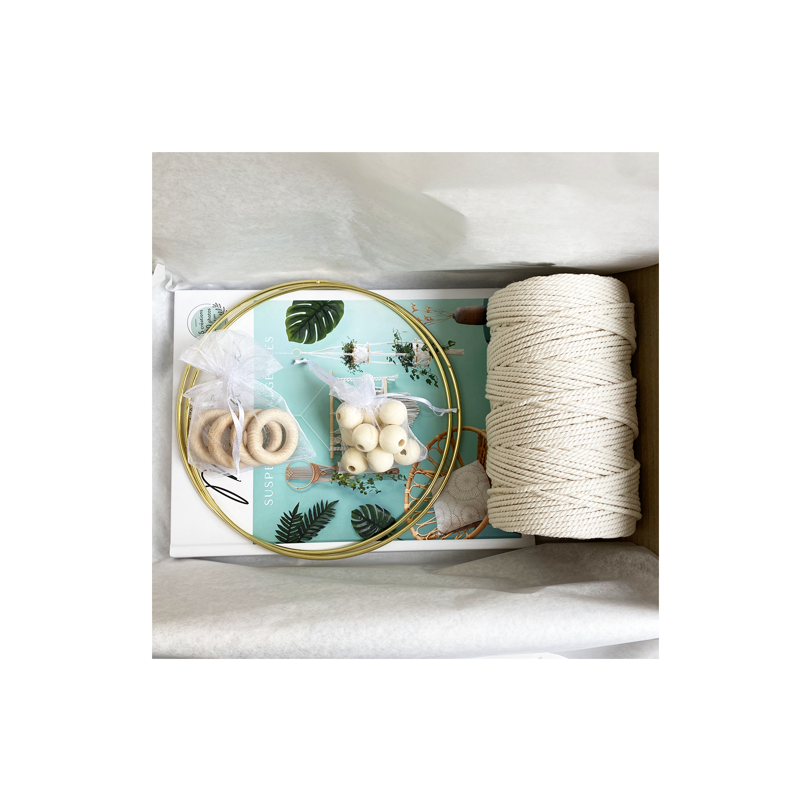 Suspension Anneau En Bois Et Macramé Blanc Et Bois Naturel 9,5 X H.17